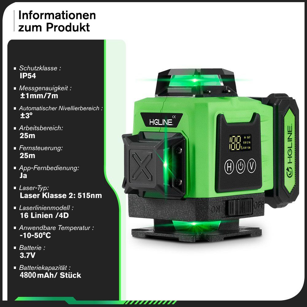 Ein grünes Laser-Nivelliergerät mit schwarzen Details und Text auf weißem Hintergrund, zusammen mit Produktinformationen.