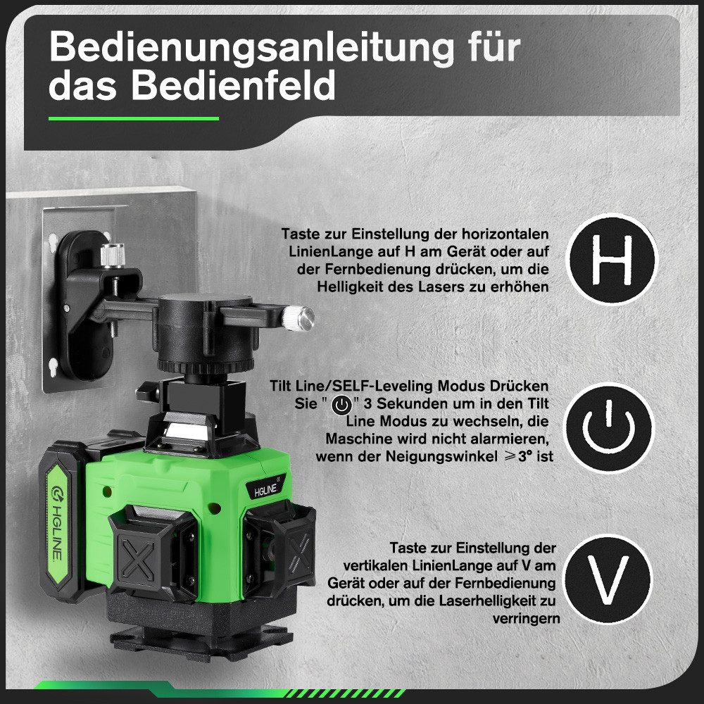 Ein Laser-Niveau wird an einer Wand montiert gezeigt, mit Gebrauchsanweisungen und einem Diagramm des Bedienfelds.
