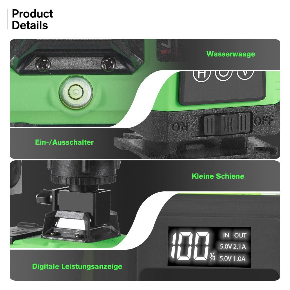 Nahaufnahme eines Laser-Niveaus, mit Wasserwaage, Netzschalter und Digitalanzeige mit Leistungsdetails.