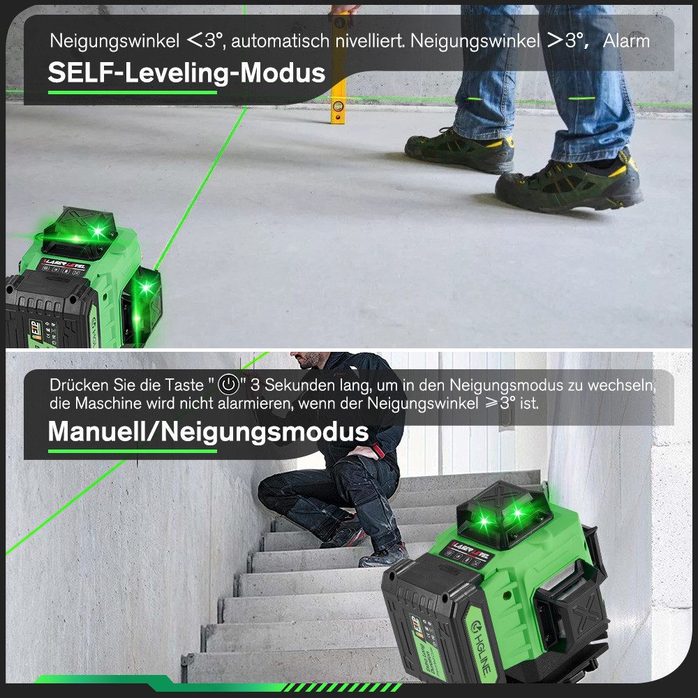 Bilder, die ein Laser-Niveau im Selbstnivellierungs- und manuellen Modus zeigen, und seine Verwendung auf Treppen veranschaulichen.