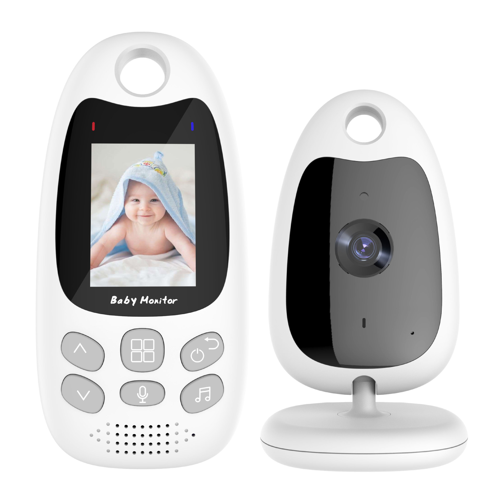 Ein Babyphone mit einem Baby auf dem Bildschirm und einer Kameraeinheit. Beide sind weiß und auf weißem Hintergrund.