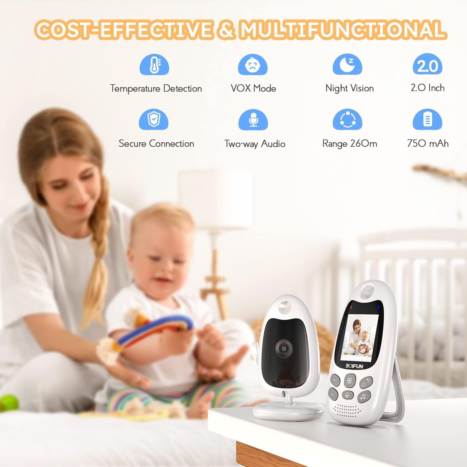Eine Mutter und ein Baby in der Nähe eines Babyphones und einer Kamera mit darüber befindlichen Produktsymbolen.