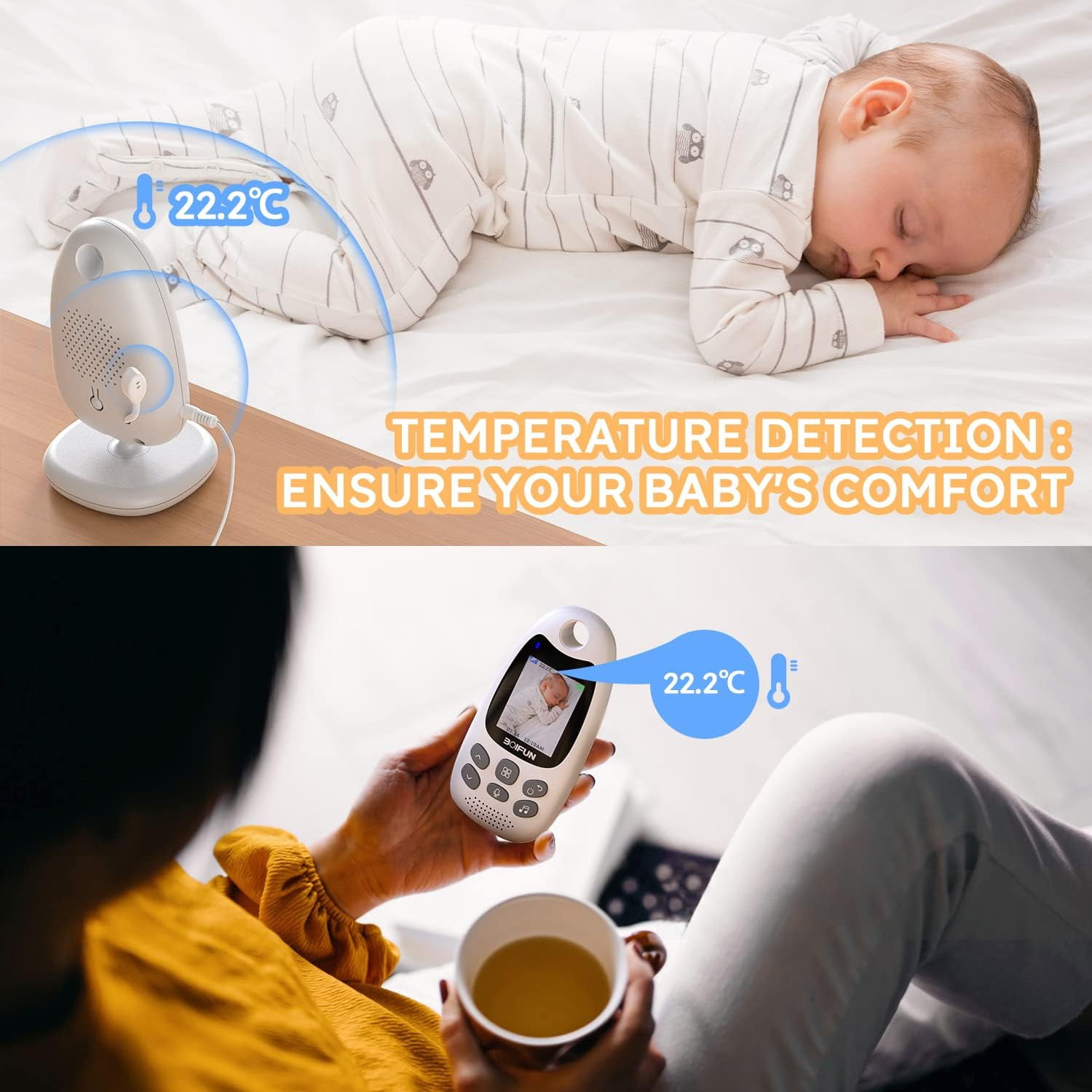 Ein Babyphone mit einem schlafenden Baby und einer Frau, die das Gerät hält. Die Raumtemperatur wird angezeigt.