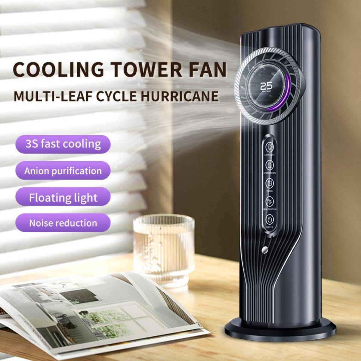 Ein Kühl-Turmventilator mit Digitalanzeige, Knöpfen und Text. Er ist schwarz und steht auf einem schwarzen Sockel.