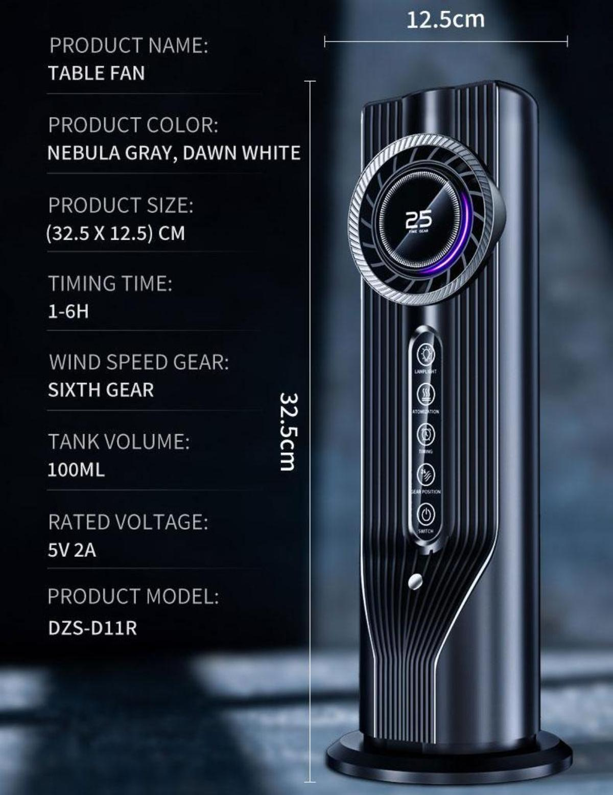Ein schwarzer Tischventilator mit aufgelisteten Produktdetails. Der Lüfter hat eine Digitalanzeige. Produktfarbe: Nebula Gray, Dawn White.