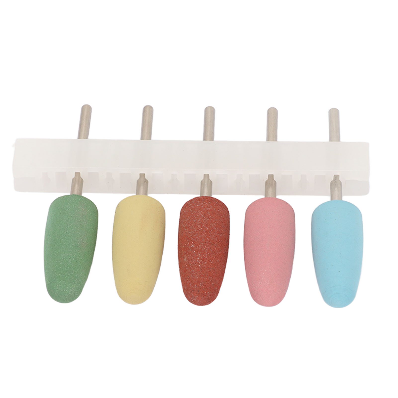 Ein Satz von fünf Nagelbohreraufsätzen in verschiedenen Farben: grün, gelb, rot, rosa und blau, auf einem Gestell angeordnet.