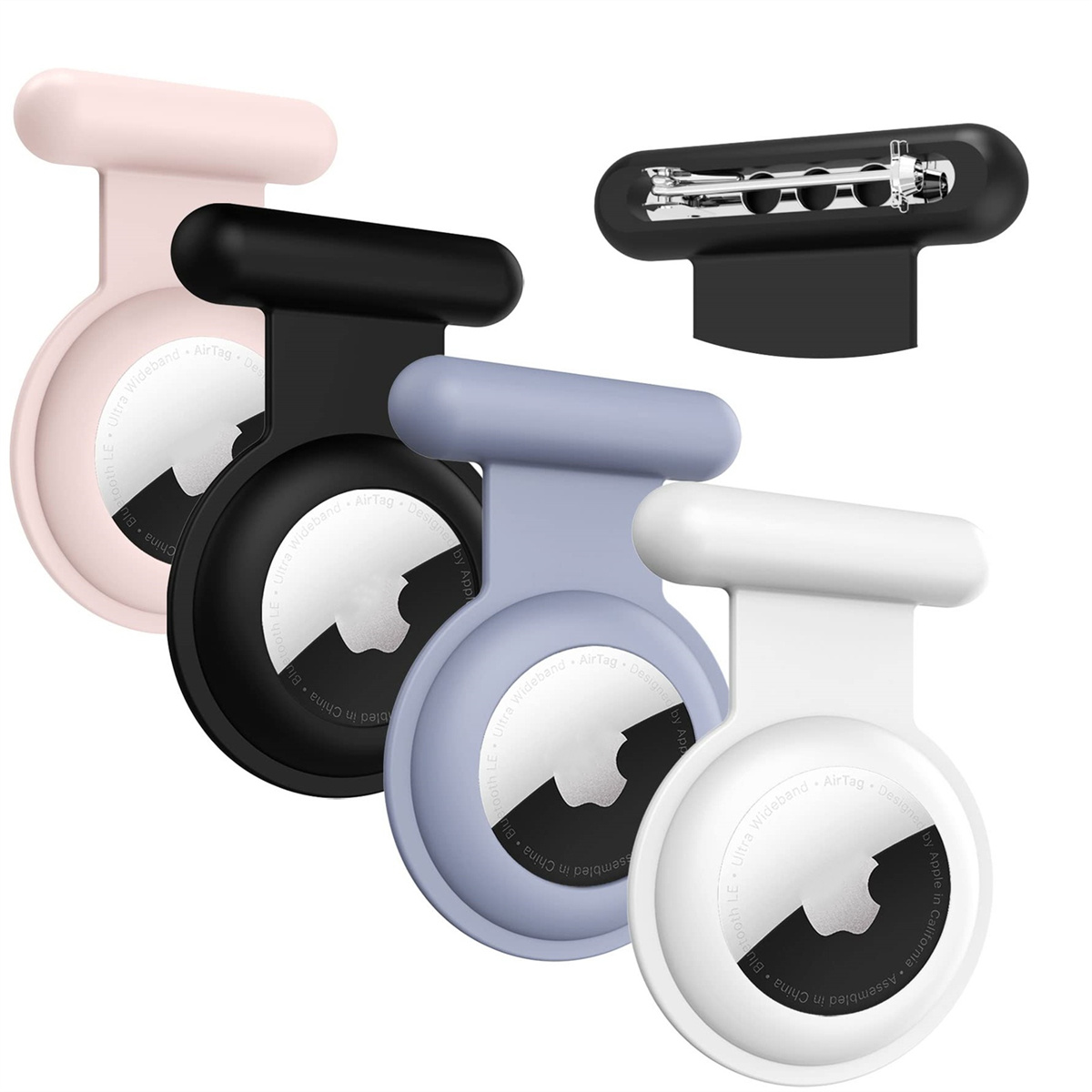 Vier AirTag-Halter in Pink, Schwarz, Blau und Weiß, jeweils mit weißem Apple-Logo.