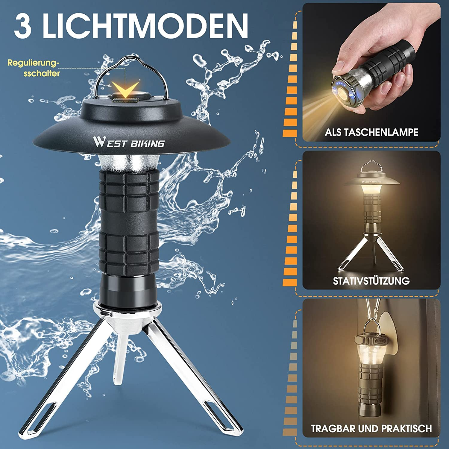 Eine schwarze Laterne auf einem Stativ mit drei Lichtmodi in separaten Kästchen. Enthält eine Hand, die die Laterne hält.