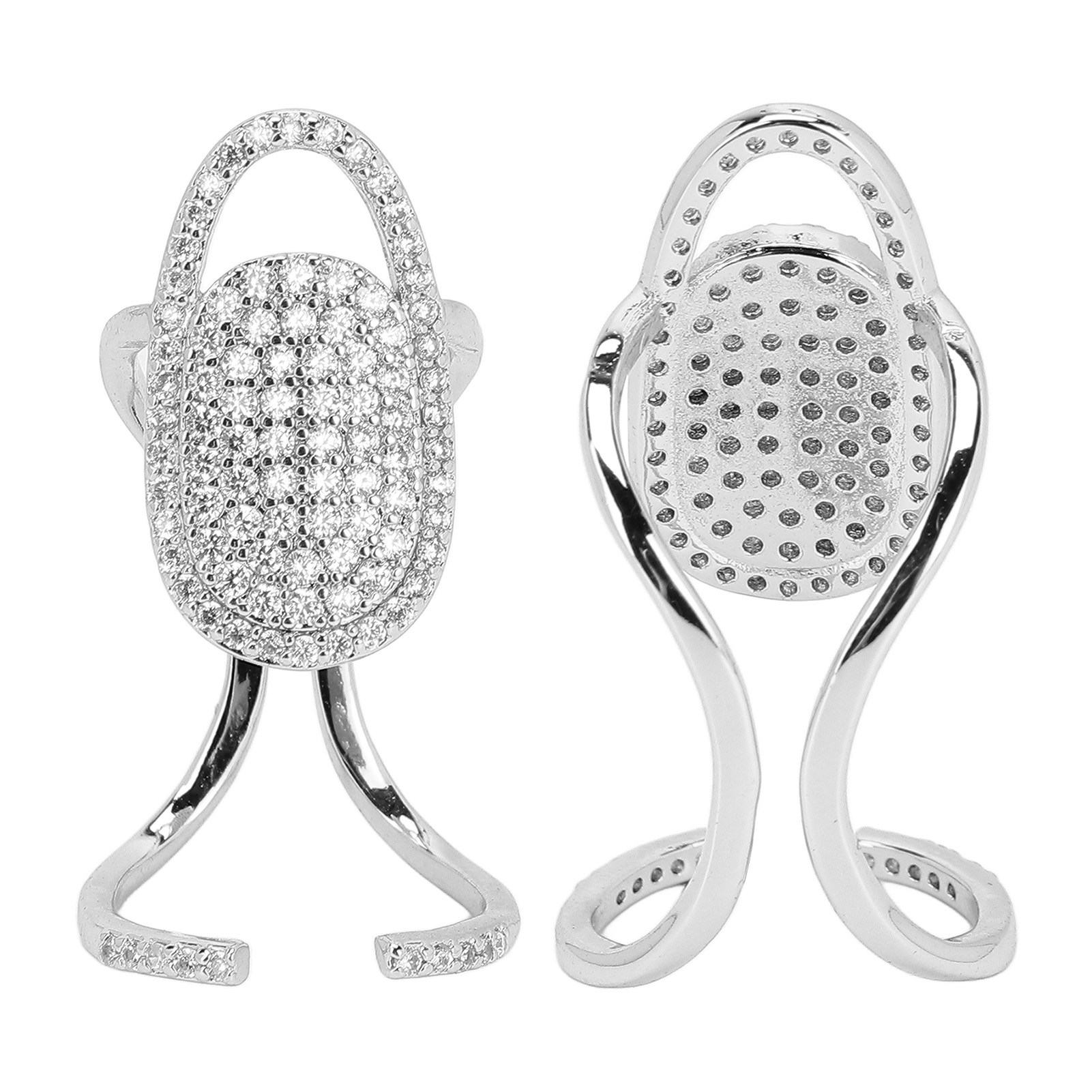 Zwei Ansichten eines silbernen Nagelrings mit diamantbesetztem ovalen Mittelstück und gebogenem Band.