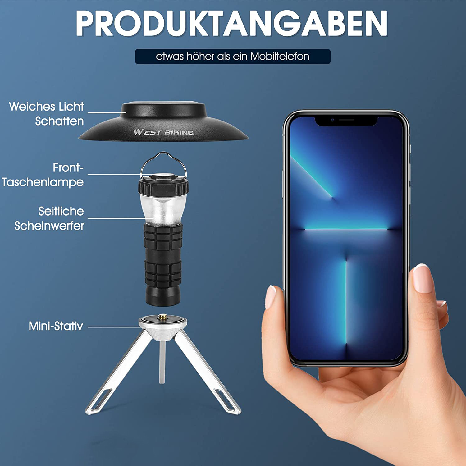 Eine Explosionsansicht einer Taschenlampe mit einem Mini-Stativ und einem Smartphone mit blauem Bildschirm.