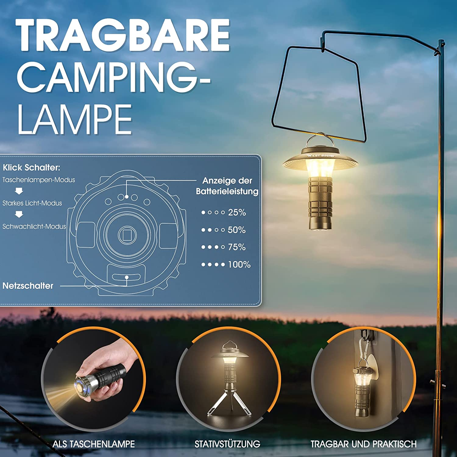 Eine tragbare Campinglampe mit verschiedenen Lichtmodi und Batteriestandsanzeigen. Enthält eine Taschenlampe und einen Ständer.