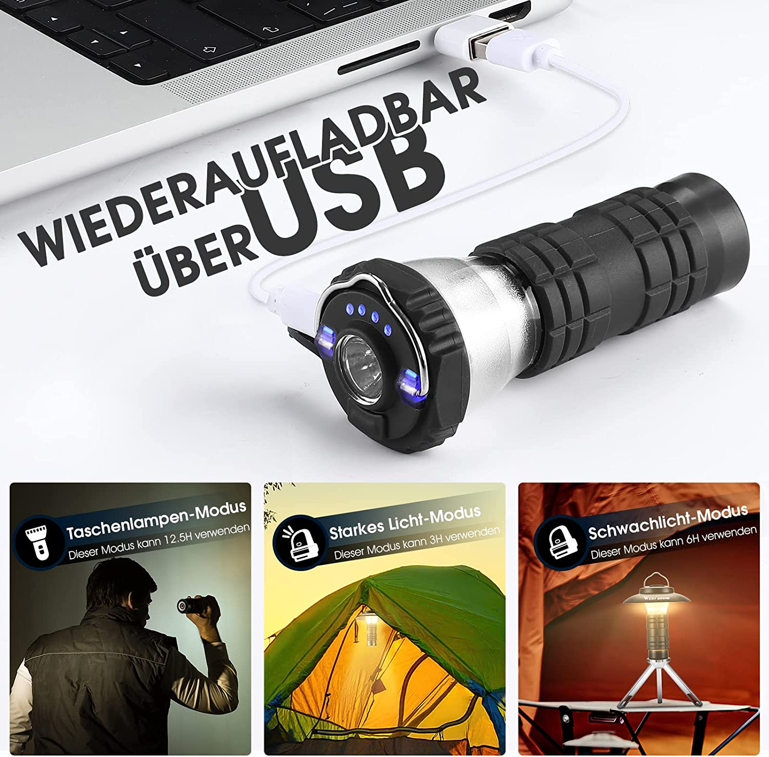 Eine Taschenlampe, die über ein USB-Kabel mit einem Laptop verbunden ist. Text lautet 'wiederaufladbar' und 'USB'.