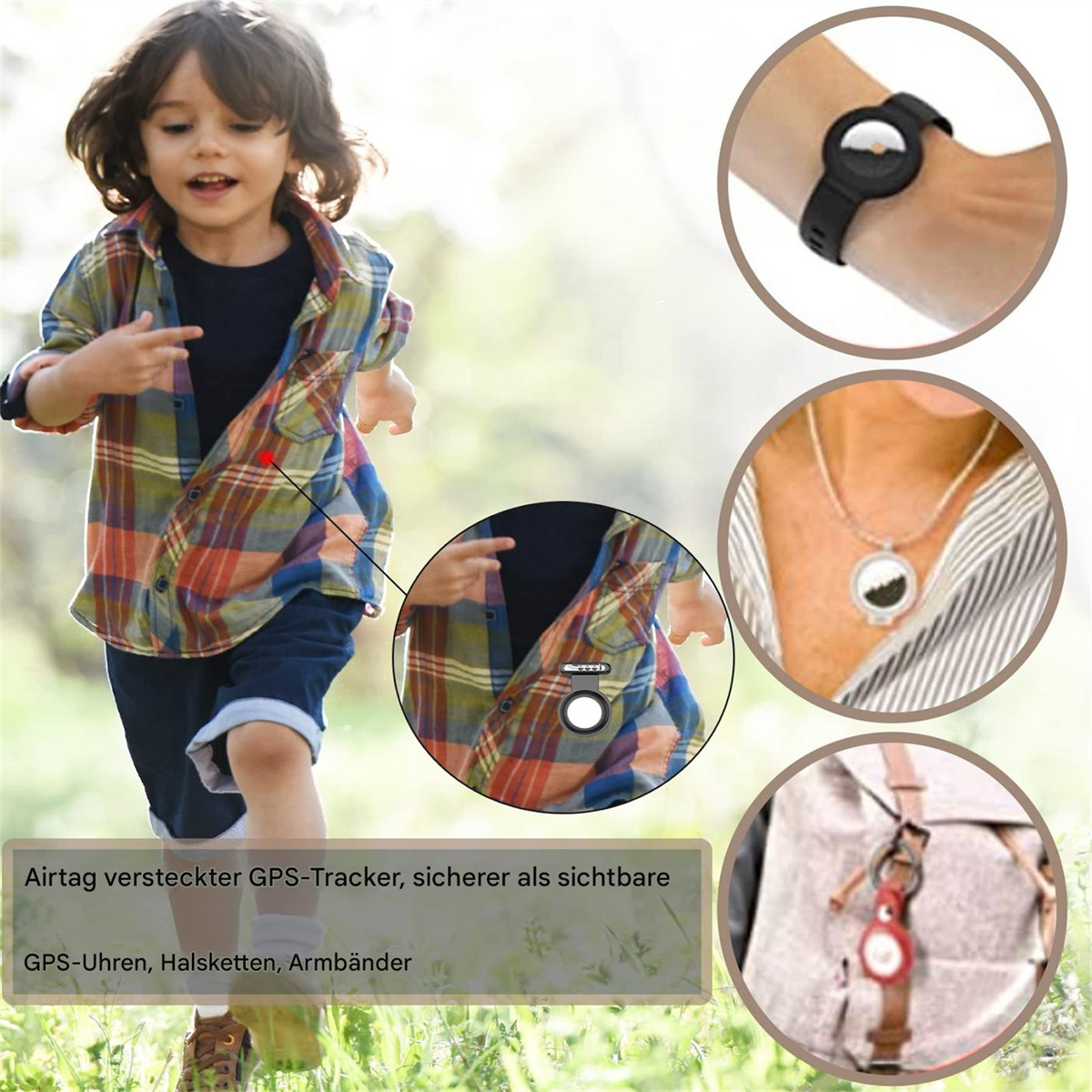 Ein Kind rennt draußen, mit AirTag-Zubehör: Uhr, Halskette und Rucksackanhänger.