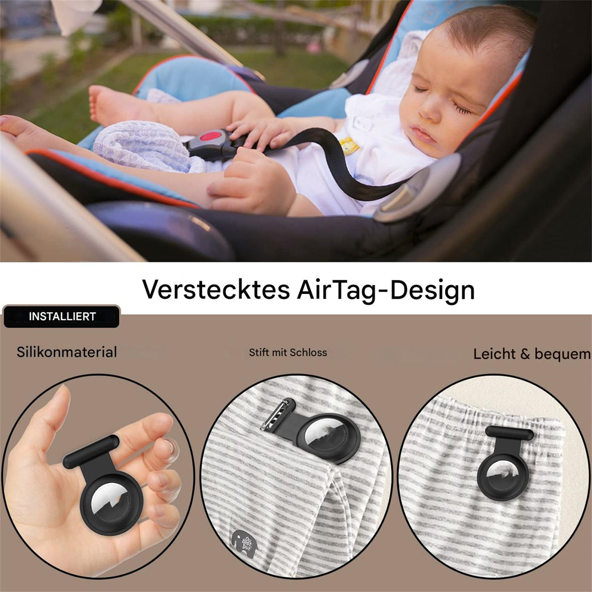 Ein Baby in einem Kinderwagen mit verstecktem AirTag-Design. Details zeigen die Installation an Kleidung.