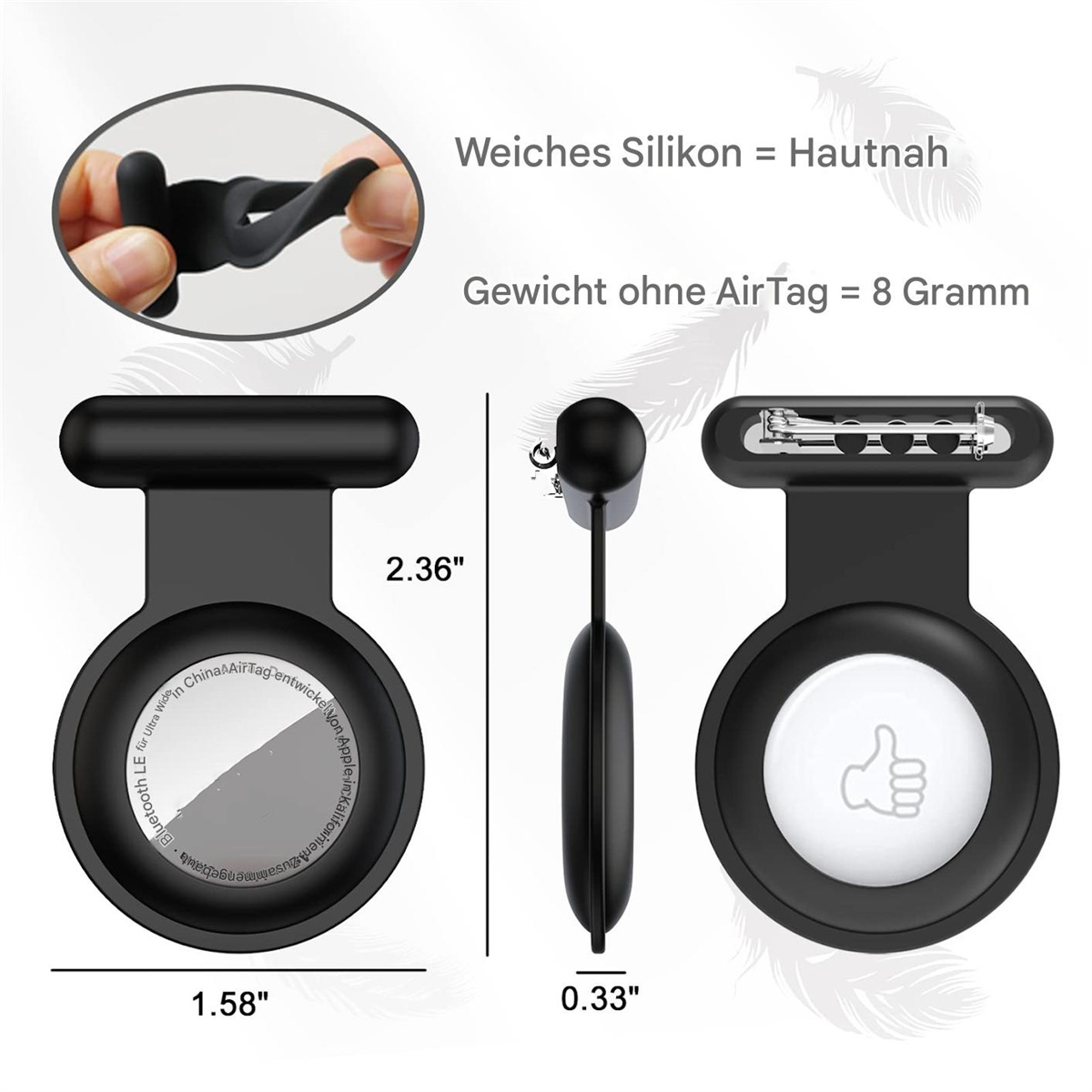 Nahaufnahme eines schwarzen AirTag-Zubehörs. Es hat ein glattes schwarzes Design mit Abmessungen und einem Daumen-hoch-Symbol.