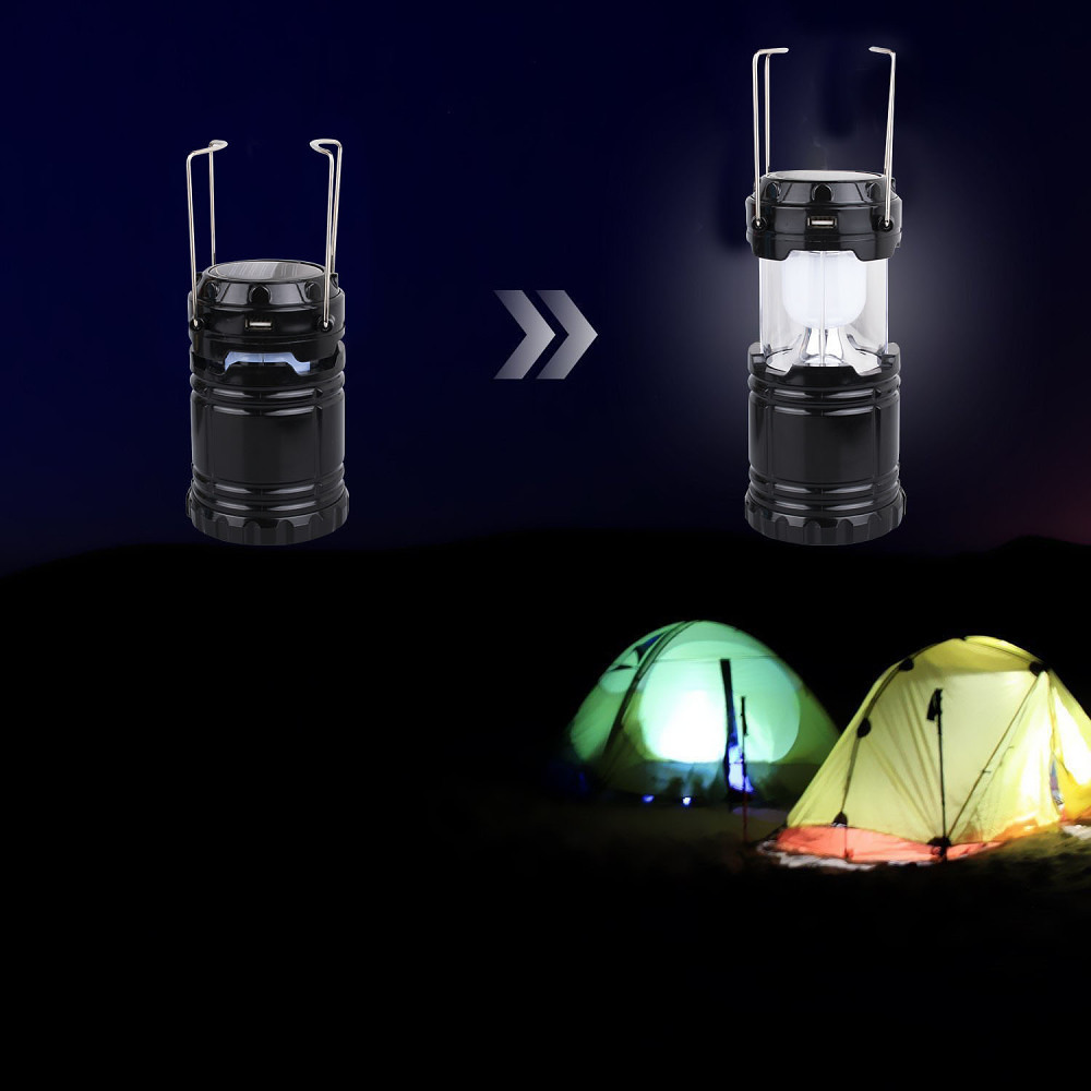 Eine Campinglaterne verwandelt sich von geschlossen zu offen und beleuchtet zwei Zelte bei Nacht. Der Hintergrund ist dunkelblau.