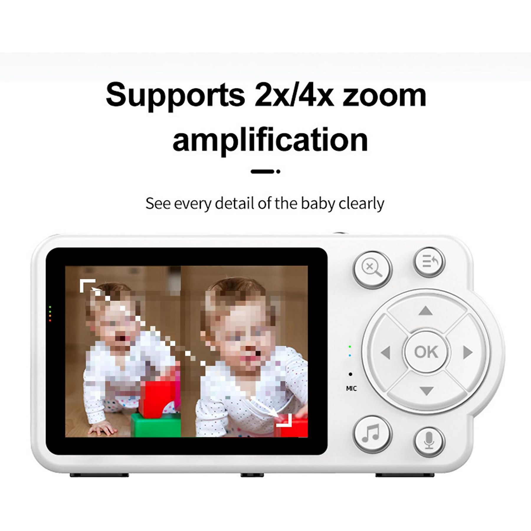 Babyphone-Bildschirm, der ein Baby zeigt, mit Zoomfunktion und einem Bedienfeld mit Tasten.