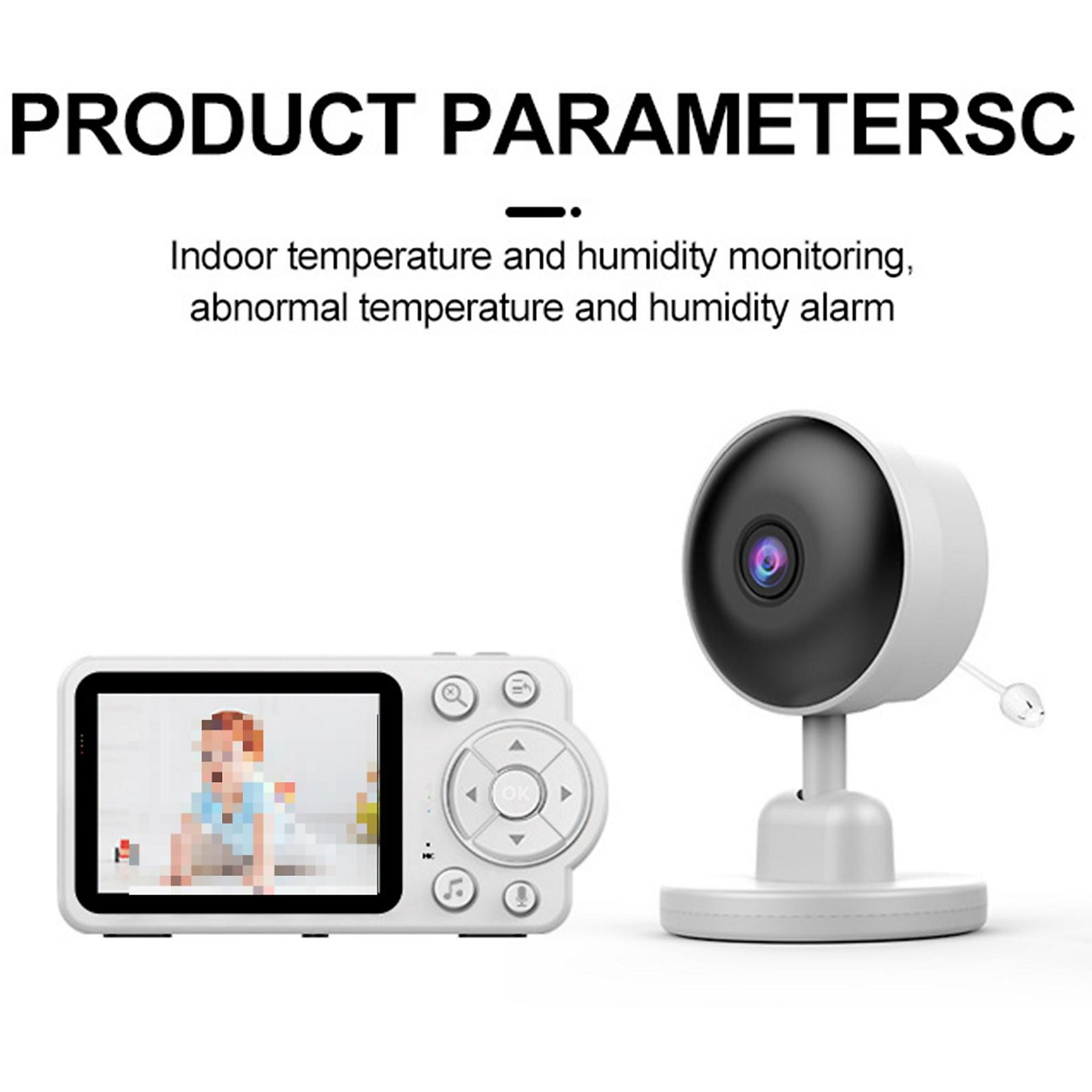 Babyphone mit Bildschirm, der ein Baby zeigt, und einer Kamera, mit Produktparameterdetails.