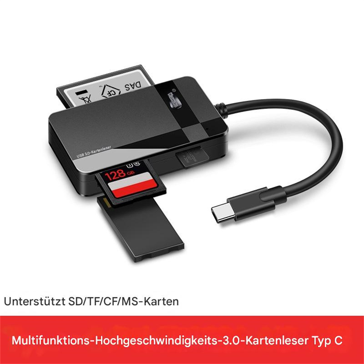 Ein schwarzer Kartenleser mit USB-Kabel und eingelegten Karten. Text: unterstützt SD/TF/CF/MS-Karten.