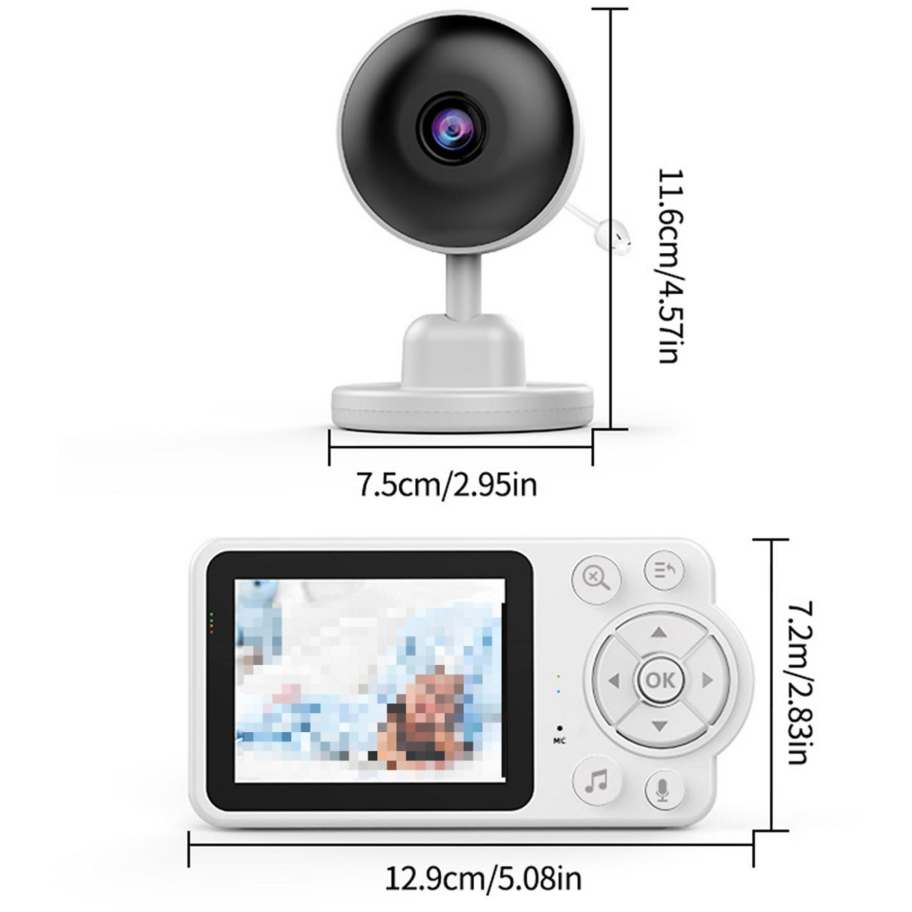 Ein Babyphone-Set mit Kamera und Bildschirm, das Abmessungen und ein Babybild anzeigt.