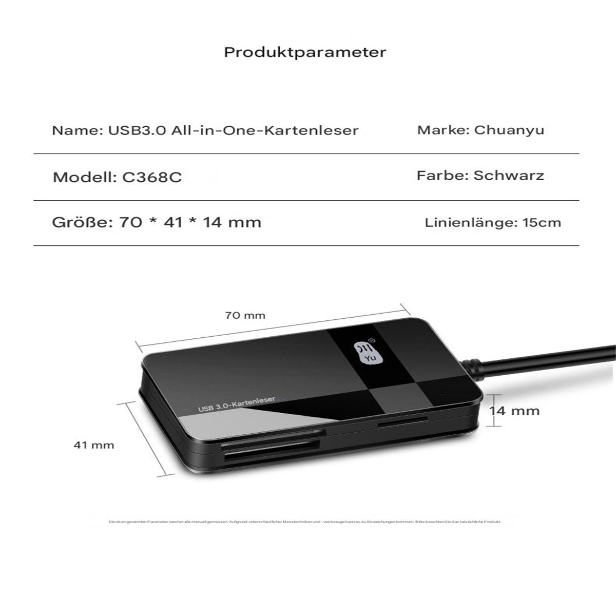 USB 3.0 All-in-One Kartenleser mit Abmessungen und Produktinformationen auf Deutsch.