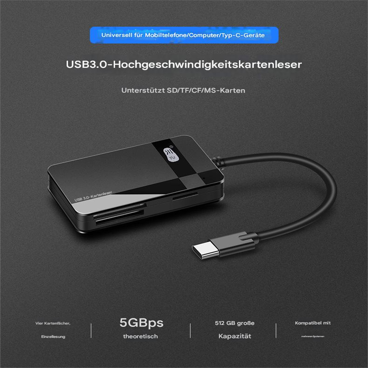 Ein schwarzer USB 3.0 Hochgeschwindigkeits-Kartenleser mit Steckplätzen und einem USB-C-Kabel. Text zeigt Unterstützung für verschiedene Karten.