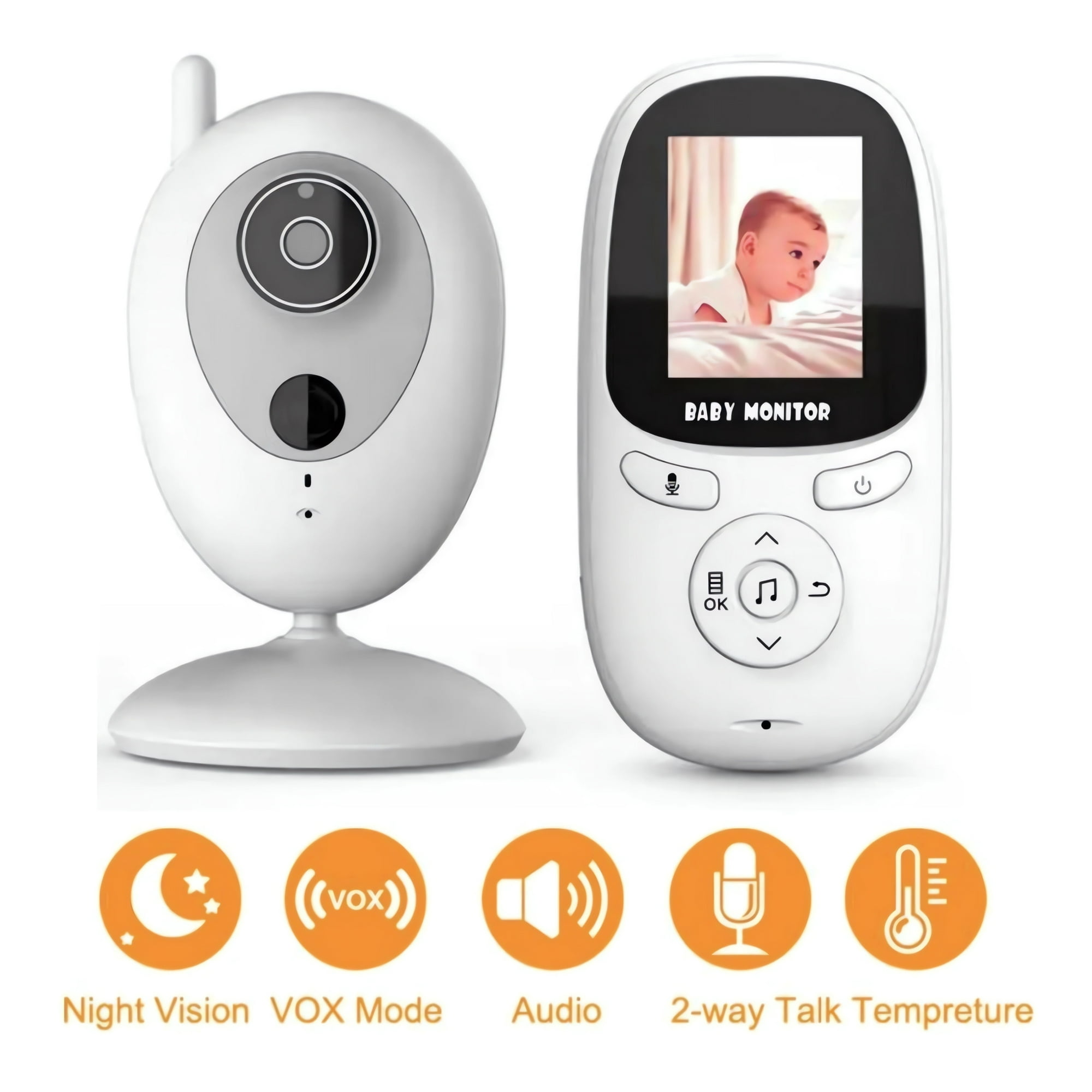 Ein Babyphone mit Bildschirm, Tasten und Symbolen. Auf dem Bildschirm ist ein Baby zu sehen.