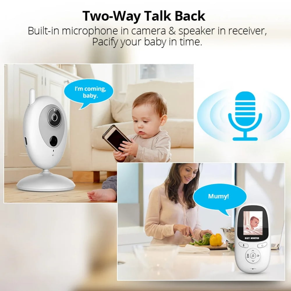Ein Babyphone mit Kamera und Empfänger, mit Textblasen mit einem Baby und einer Frau.