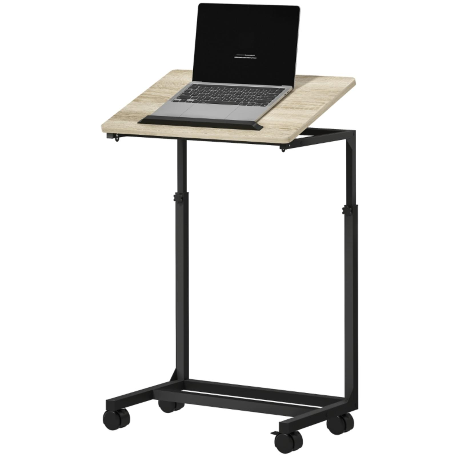 Ein Laptop auf einem Ständer mit Rädern, auf weißem Hintergrund. Der Ständer ist aus schwarzem Metall.