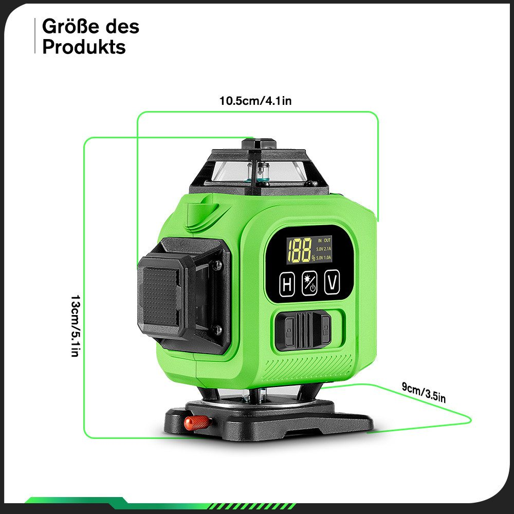 Ein grüner Laser-Niveau mit Messungen in cm und Zoll. Das Gerät steht auf einer schwarzen Oberfläche.