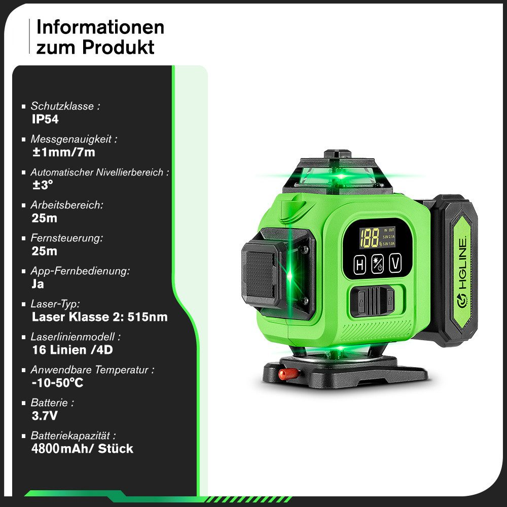Nahaufnahme eines grünen Laser-Niveaus mit Akku und verschiedenen Anzeigen und Knöpfen. Text ist auf Deutsch.