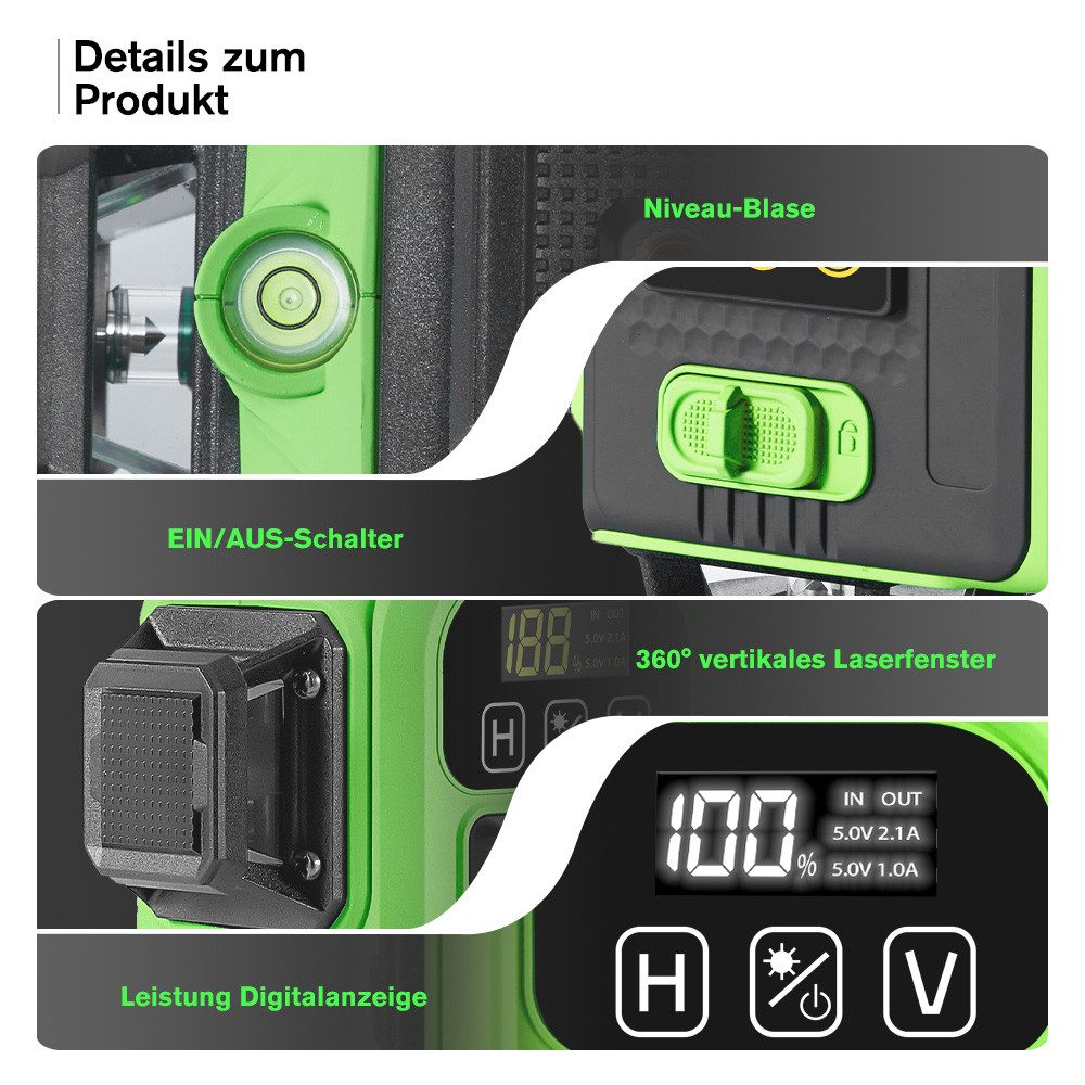 Nahaufnahme eines grünen Laser-Niveaus mit mehreren Anzeigen und Knöpfen. Text auf Deutsch.