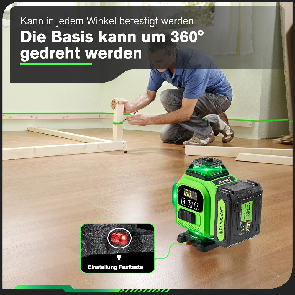 Mann verwendet grünen Laser auf Holzboden. Laser erzeugt Linien. Grünes Laserlevel mit Batterie steht auf dem Boden.