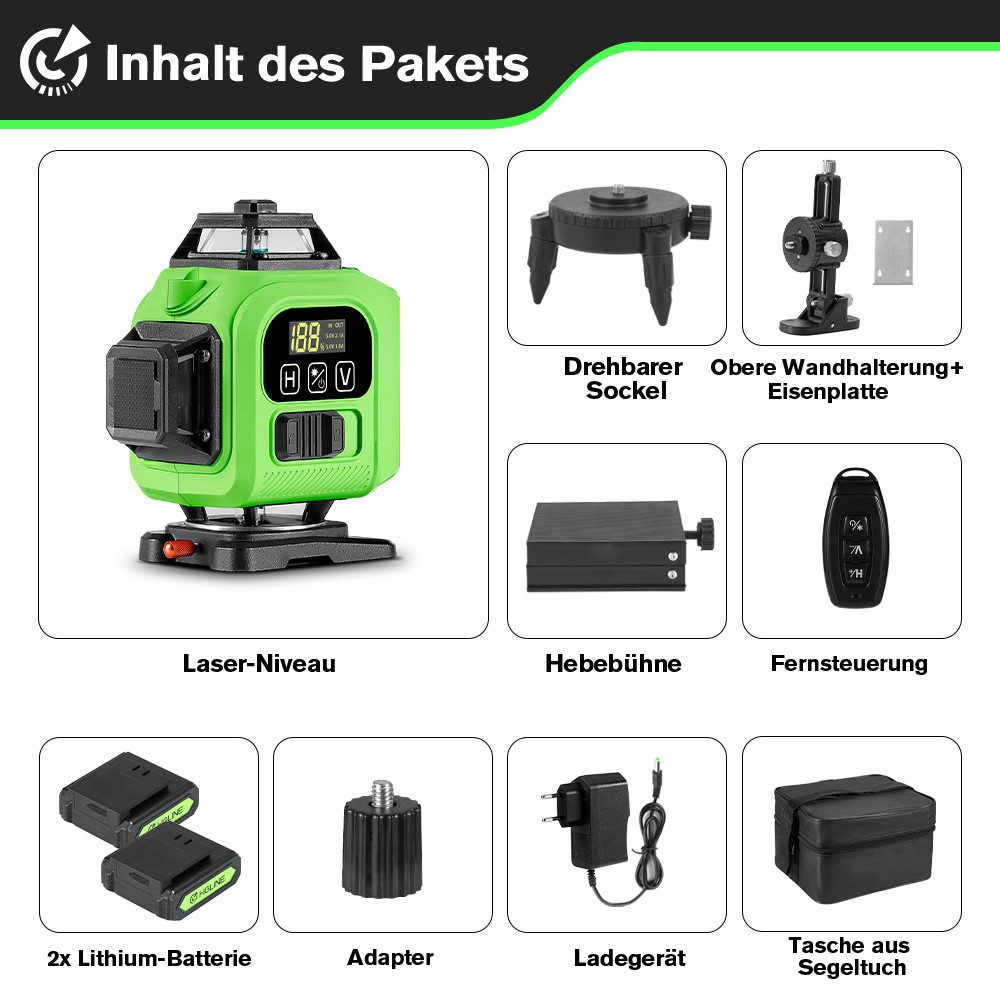 Grünes Laserlevel und Zubehör in Boxen. Das grüne Level hat ein Display. Artikel umfassen Akku und Ladegerät.