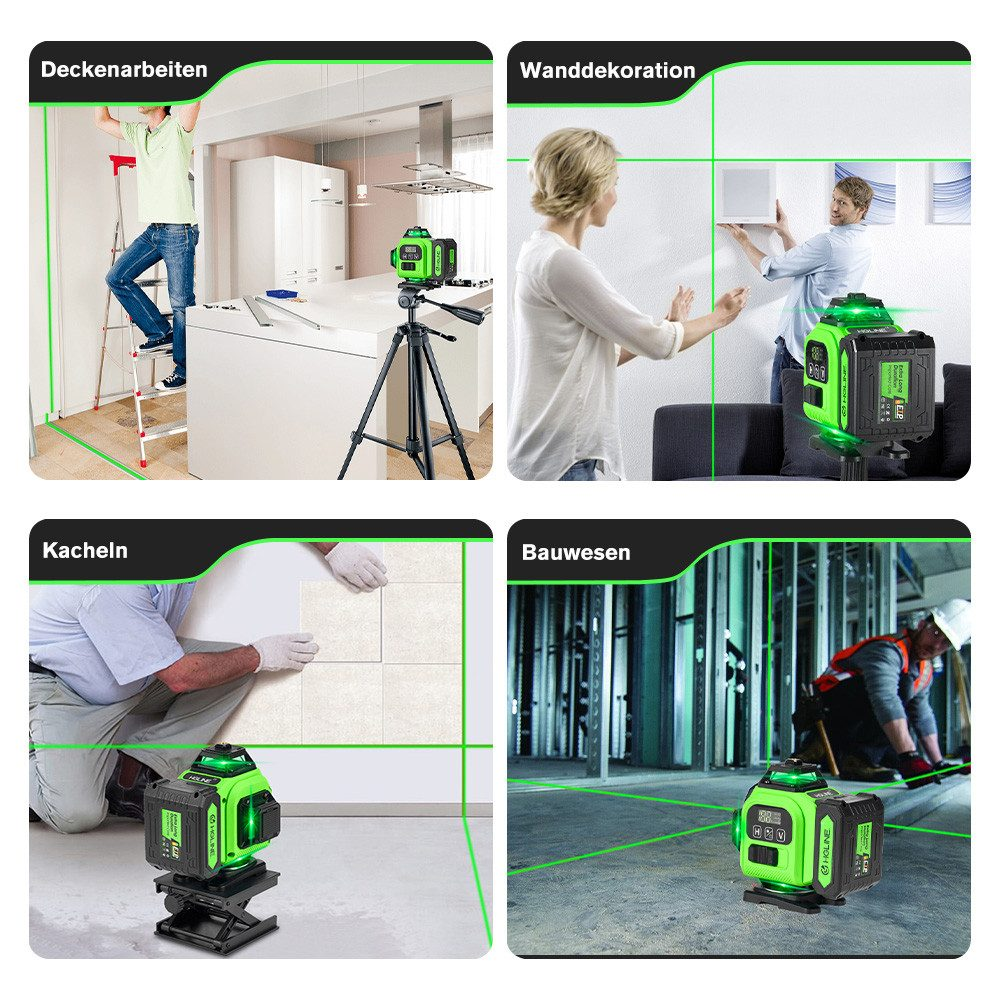 Vier Bilder zeigen Laser-Wasserwaagen in verschiedenen Anwendungen: Decke, Wand, Fliesen, und Bau.