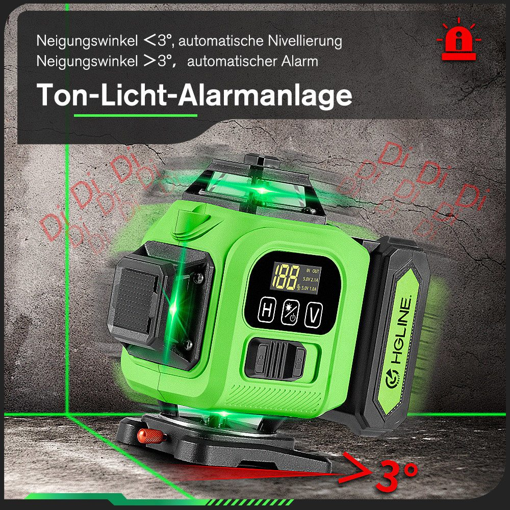 Grünes Laserlevel mit schwarzem Akku. Das Level hat Display und Knöpfe. Der Hintergrund ist eine Betonwand.