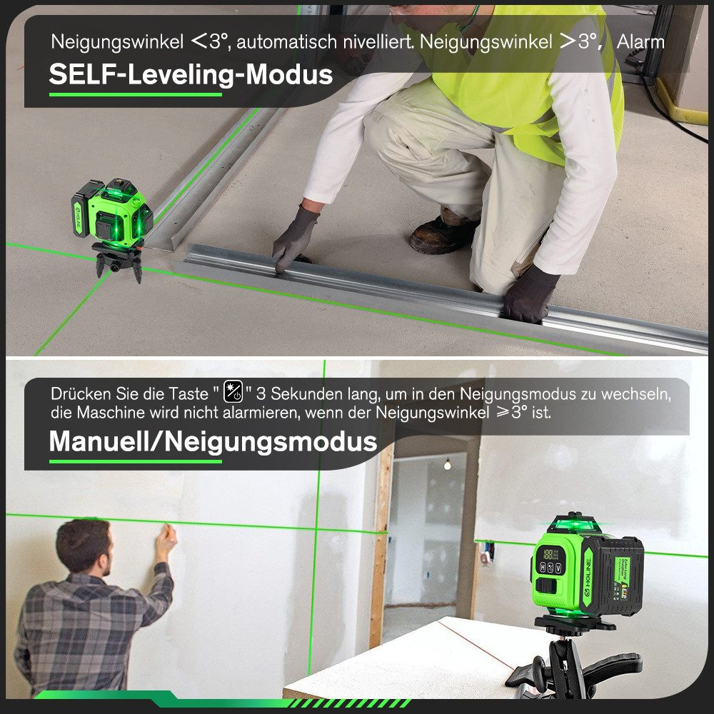 Zwei Bilder eines grünen Laserlevels in Gebrauch. Eines zeigt das Level auf dem Boden, das andere eine Person bei der Arbeit.