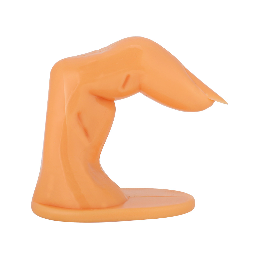 Ein Kunststoff-Orangenhandmodell mit gebogenem Finger und flachem Sockel, isoliert auf weißem Hintergrund.