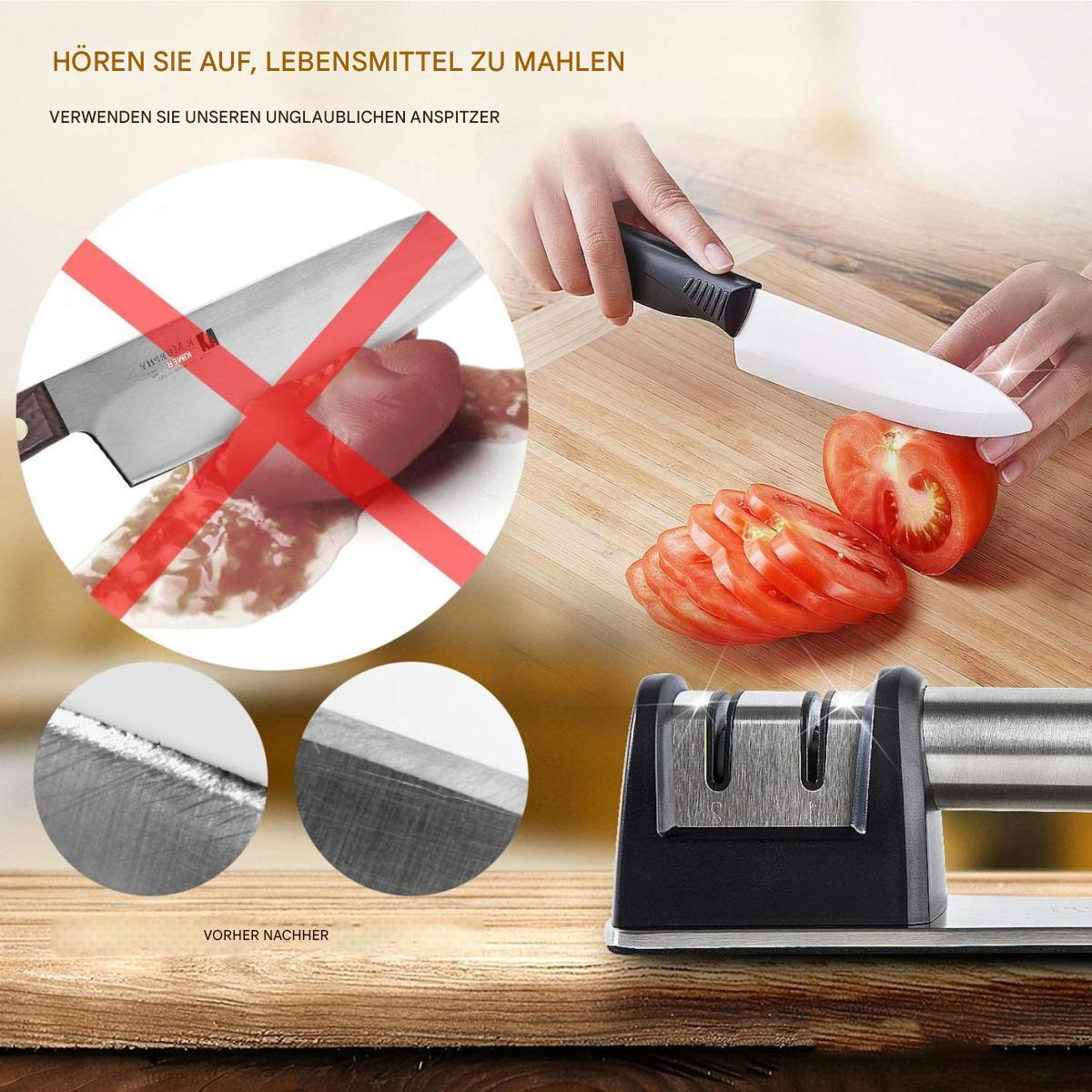 Ein Bild, das das Messerschärfen und ein Messer zeigt, das eine Tomate schneidet. Text auf Deutsch und Englisch.