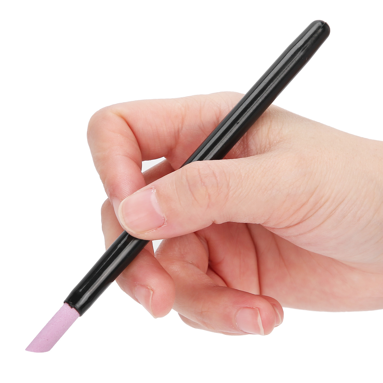 Eine Hand hält ein schwarzes Nagelwerkzeug mit rosa Schleifspitze vor weißem Hintergrund.