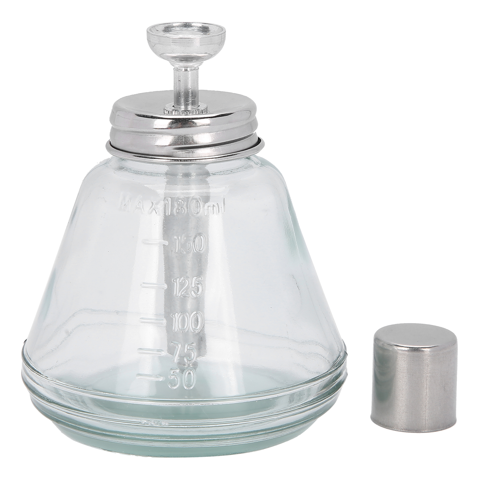 Eine transparente Glasflasche mit Metallverschluss und separater Metallkappe.