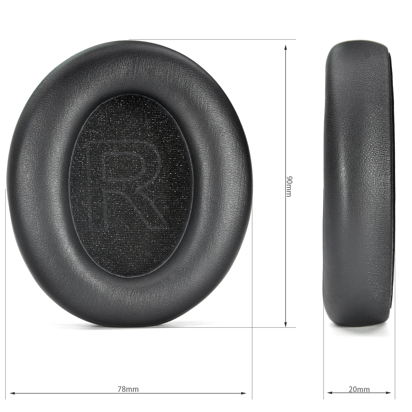 Due cuscinetti auricolari neri, uno con dimensioni di 78 mm per 90 mm e 20 mm di spessore, per cuffie.