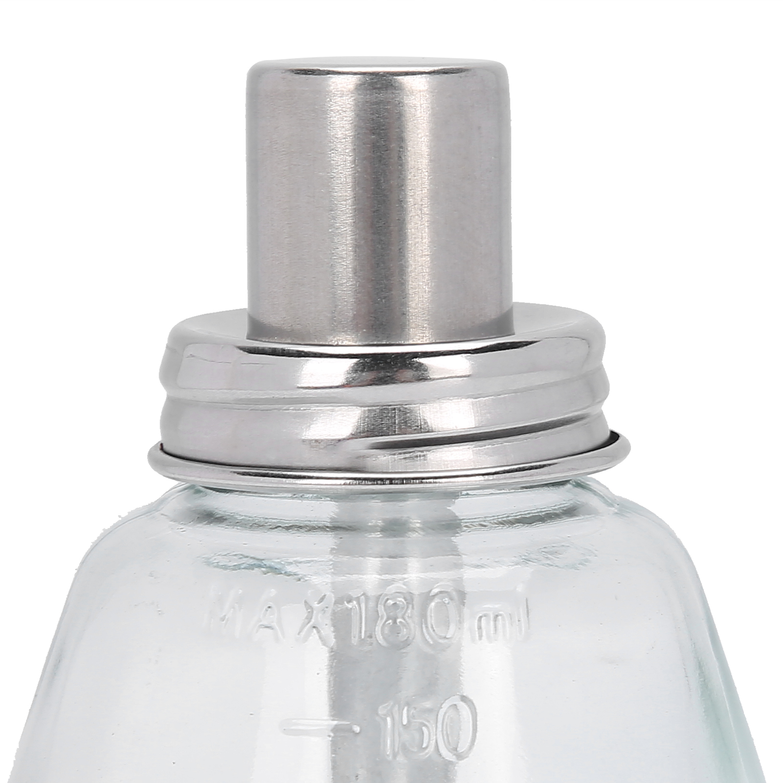 Nahaufnahme einer transparenten Glasflasche mit Metallverschluss.