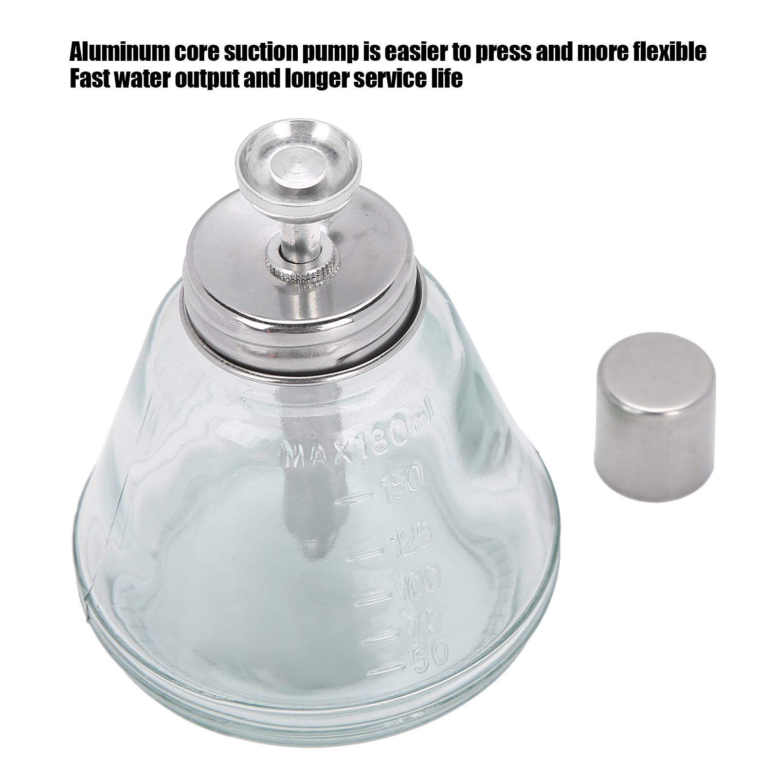Eine transparente Glasflasche mit Metallverschluss und separater Metallkappe.
