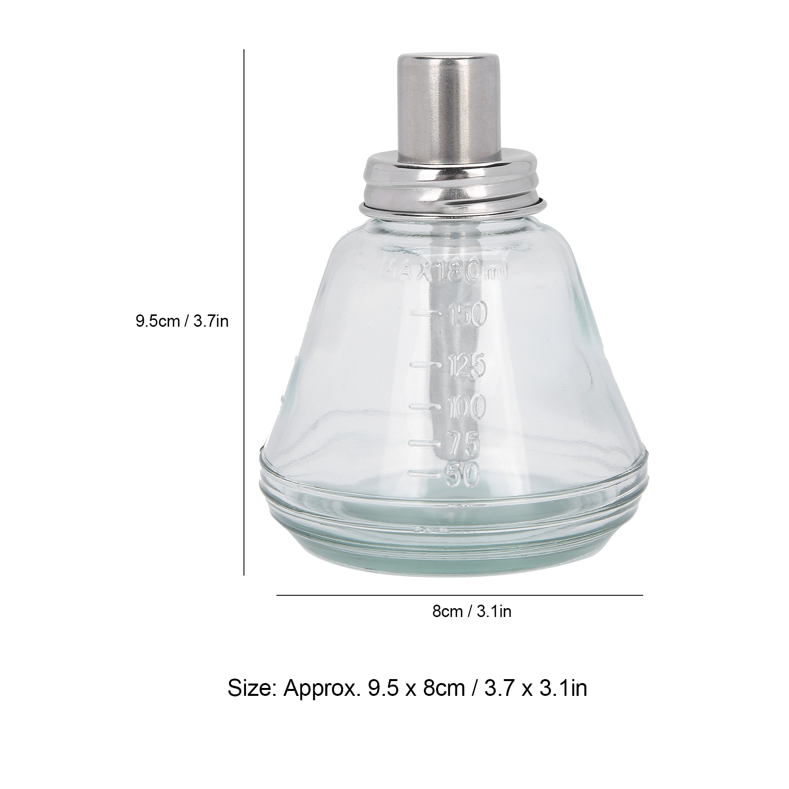 Eine transparente Glasflasche mit Metallverschluss, mit Größenangaben.