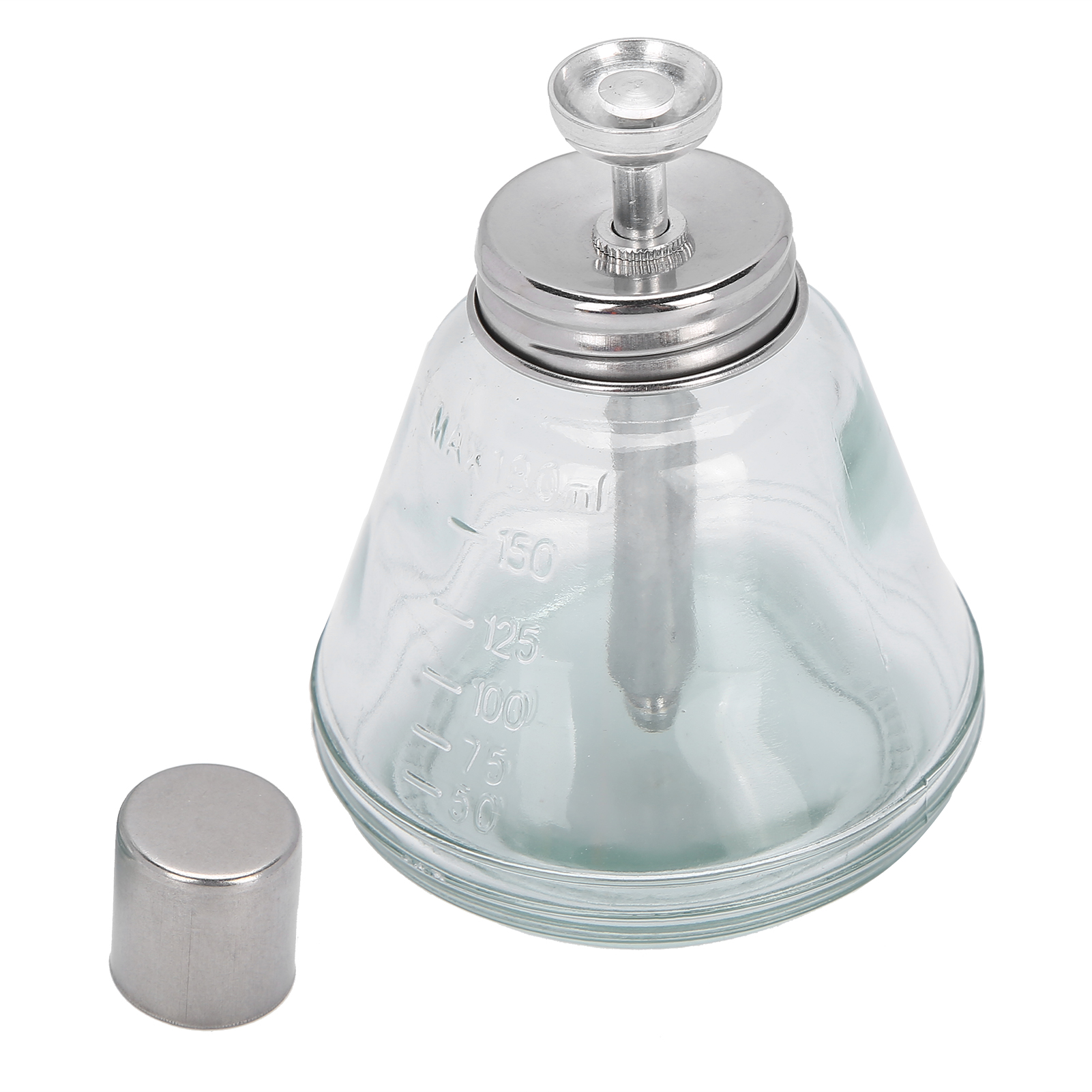 Eine transparente Glasflasche mit Metallverschluss und separater Metallkappe.