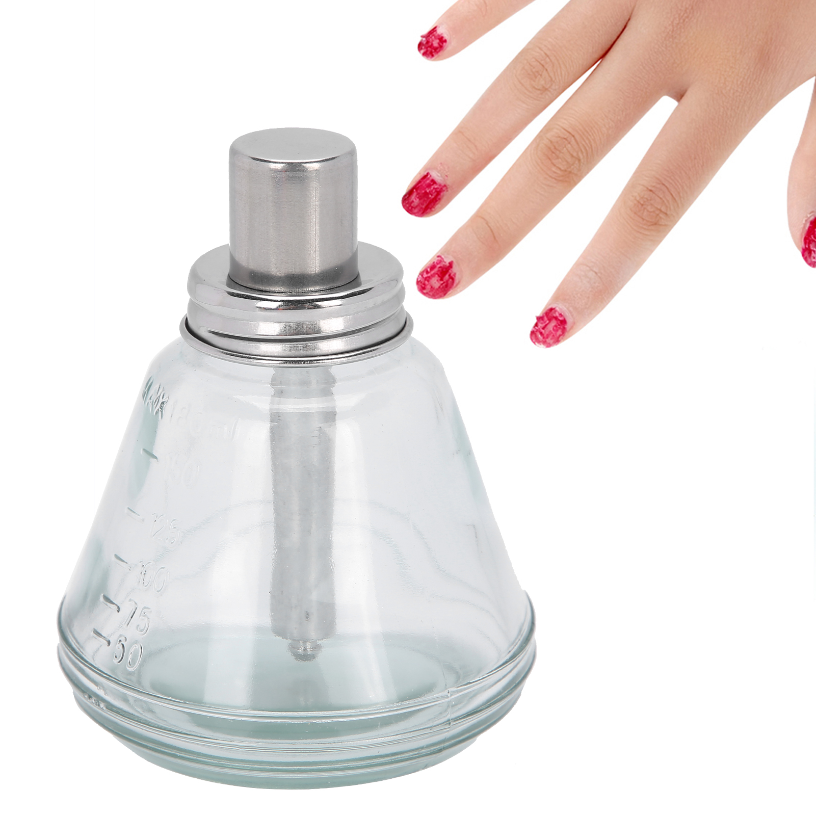 Eine transparente Glasflasche mit Metallverschluss und separater Metallkappe.