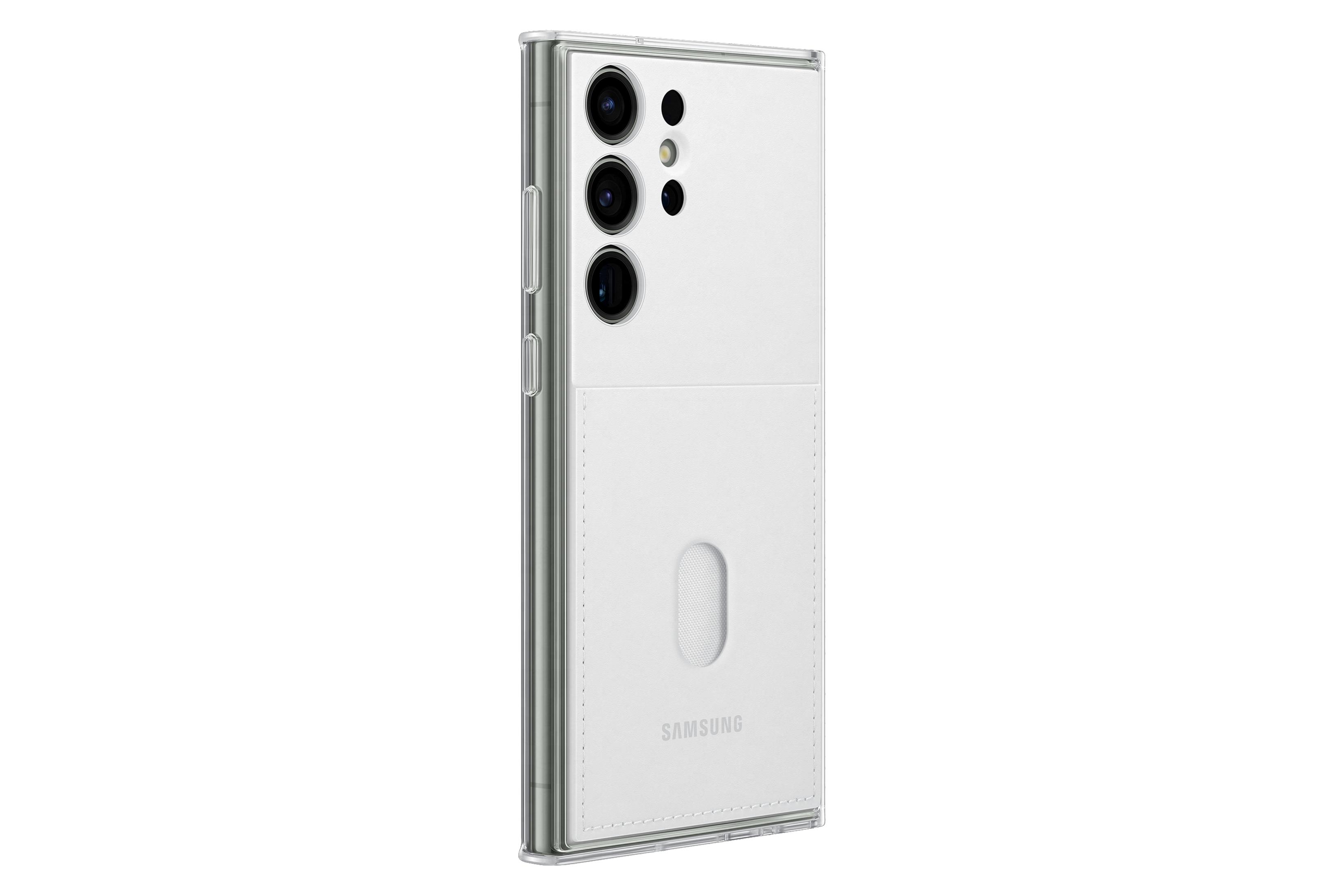 Un smartphone Samsung blanco con múltiples cámaras en la parte trasera.