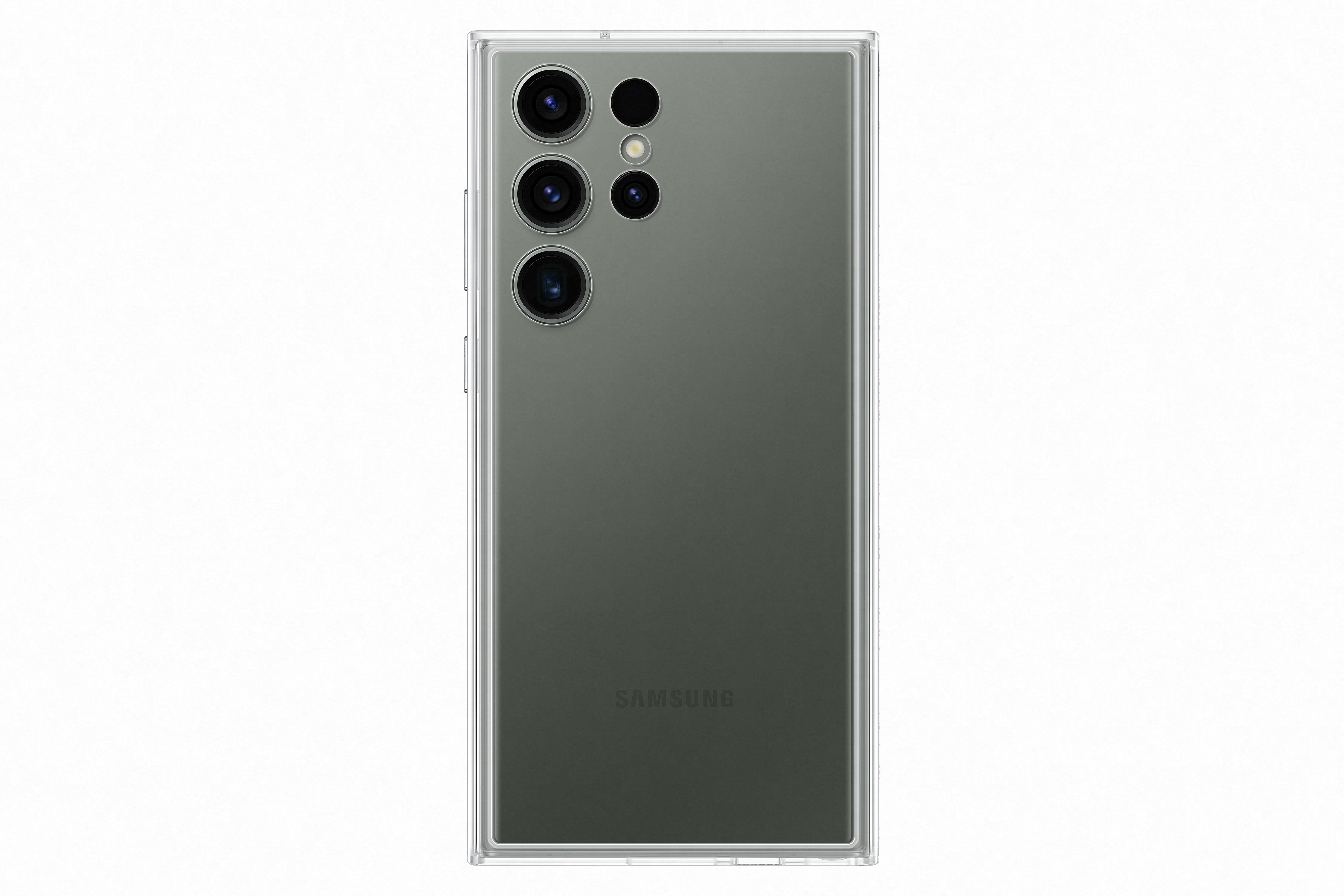 Teléfono en una funda transparente. Parte trasera de un teléfono con lentes de cámara. El teléfono tiene un fondo degradado gris oscuro.