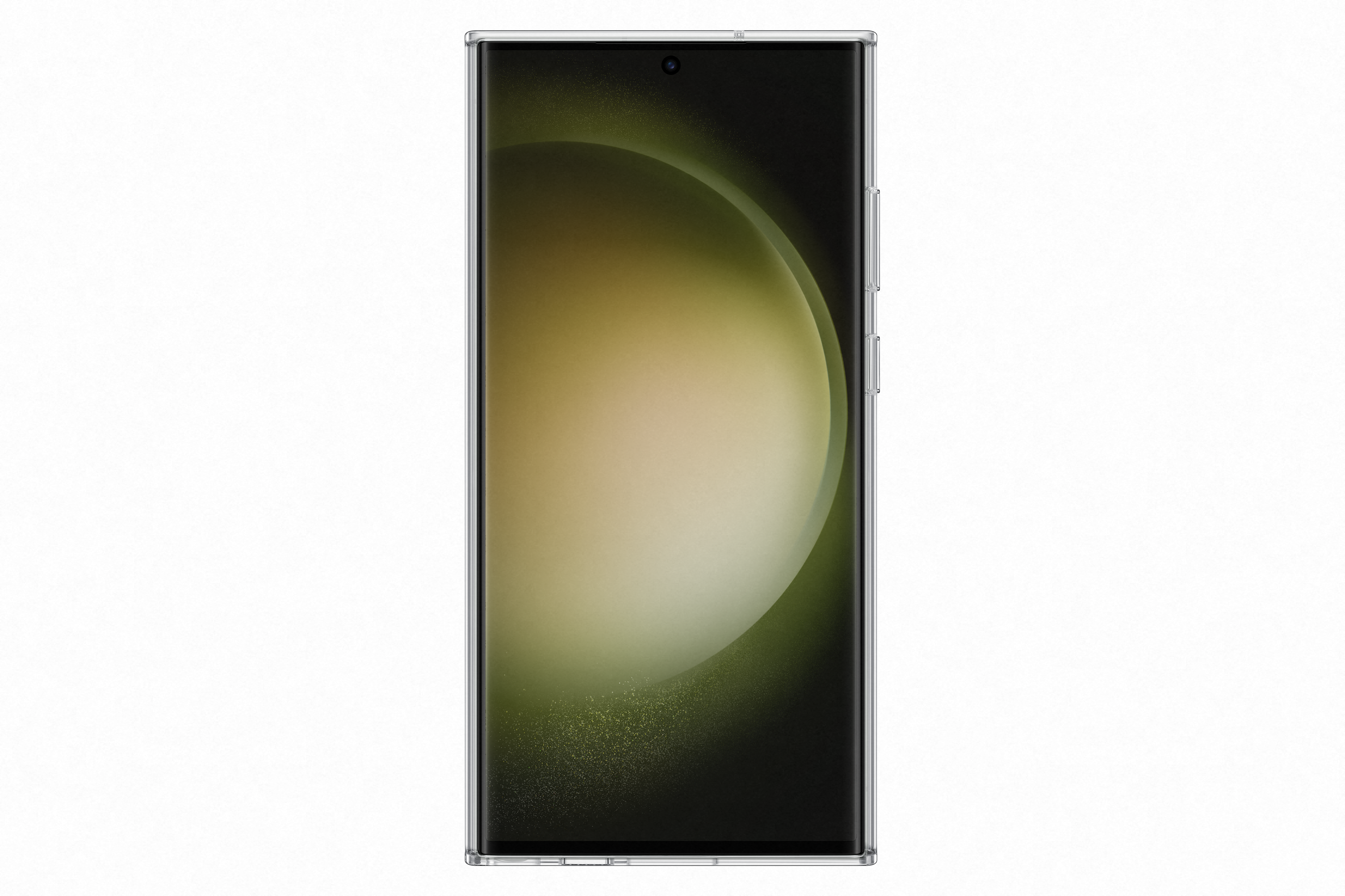 Vista frontal de un teléfono con un fondo de gradiente verde oscuro. El teléfono está en una funda transparente.